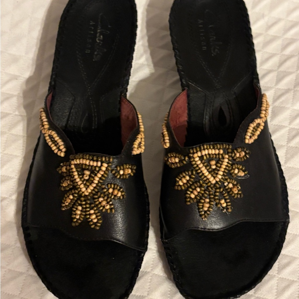 Clarks Artisans Brown and Tan Beaded Sandals, please see all pics, tiny flaws.